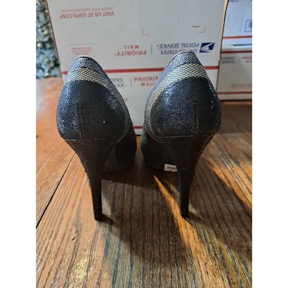 8M Worthington Lana Pewter Black Metallic Peep Toe High Heel Pump Dress Shoes